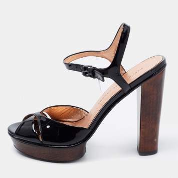 Pre Owned Marc by Marc Jacobs Black Patent Leather Ankle Strap Platform Sandals Size 37