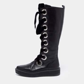 Pre Owned Marc by Marc Jacobs Black Leather Lace Up Knee High Boots Size 38
