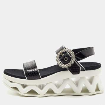 Pre Owned Marc by Marc Jacobs Black Python Embossed Leather Ninj Crystal Embellished Ankle Strap Sandals Size 37