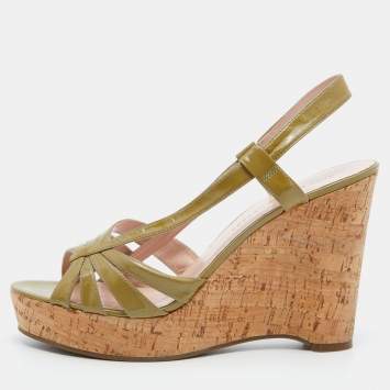 Pre Owned Marc by Marc Jacobs Green Patent Leather Wedge Platform Ankle Strap Sandals Size 41