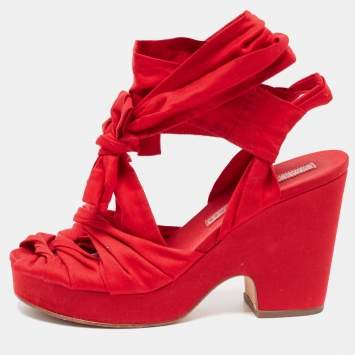 Pre Owned Marc by Marc Jacobs Red Fabric Tie Up Block Heel Sandals Size 38.5