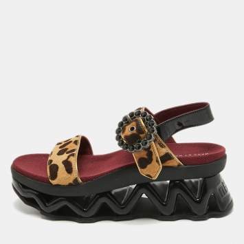 Pre Owned Marc by Marc Jacobs Beige/Brown Leopard Print Calf Hair and Patent Ninja Wave Platform Sandals Size 37
