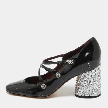 Pre Owned Marc by Marc Jacobs Black Patent And Glitter Block Heel Pumps Size 37
