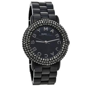Pre Owned Marc By Marc Jacobs Black PVD Coated Stainless Steel Crystal Pave MBM3193 Women's Wristwatch 36 mm