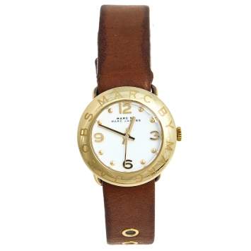 Pre Owned Marc by Marc Jacobs White Yellow Gold Plated Stainless Steel Leather Mini Amy MBM8575 Women's Wristwatch 26 mm