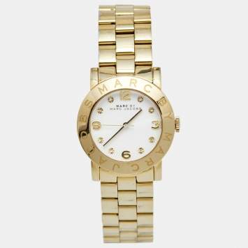 Pre Owned Marc by Marc Jacobs White Yellow Gold Plated Stainless Steel Amy MBM3056 Women's Wristwatch 36 mm