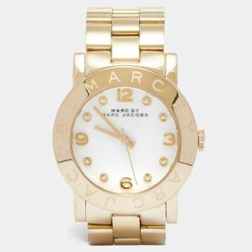 Pre Owned Marc by Marc Jacobs White Yellow Gold Plated Stainless Steel Amy MBM3056 Women's Wristwatch 36 mm