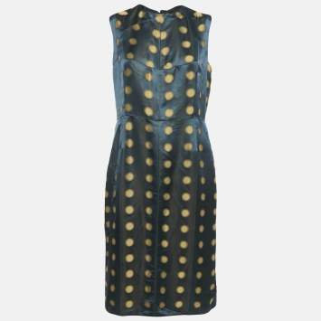 Pre Owned Marc Jacobs Navy Blue Polka Dot Jacquard Silk Blend Sleeveless Midi Dress L
