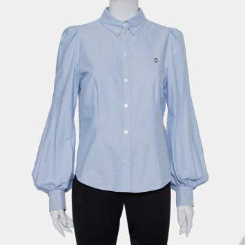 Pre Owned Marc Jacobs Blue Cotton Paneled Puff Sleeve Detail Fitted Shirt M