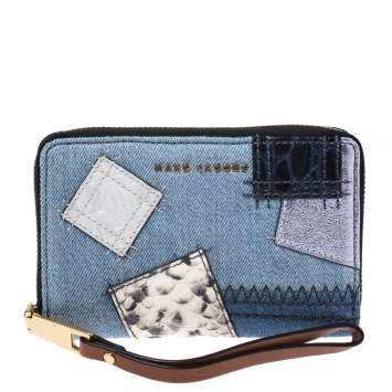 Pre Owned Marc Jacobs Blue Denim Patchwork Wristlet Zip Around Wallet