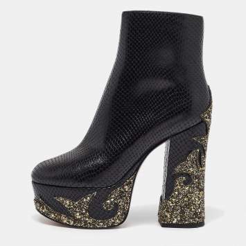 Pre Owned Marc Jacobs Black Python Embossed Leather Ankle Length Boots Size 36
