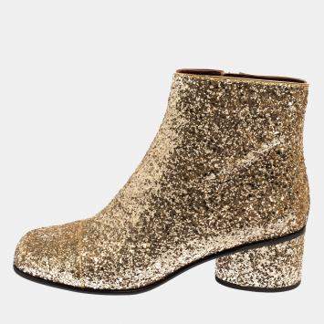 Pre Owned  Marc Jacobs Metallic Gold Glitter Camilla Block Heel Ankle Boots Size 40.5