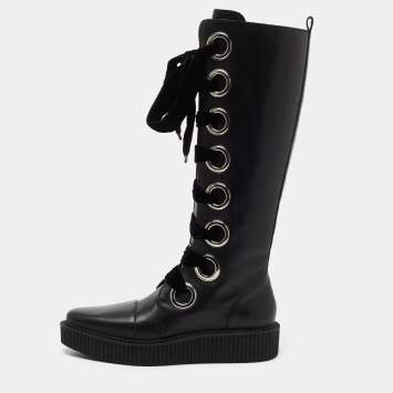 Pre Owned Marc by Marc Jacobs Black Leather Lace Up Knee Length Boots Size 39