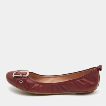 Pre Owned Marc Jacobs Burgundy Leather Buckle Detail Scrunch Ballet flats Size 36