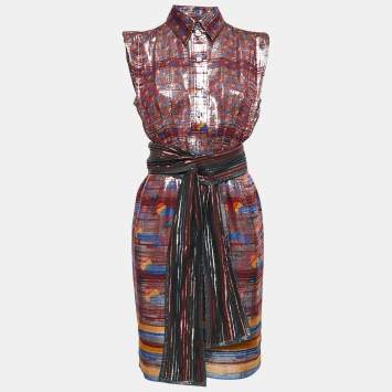 Pre Owned Marc Jacobs Metallic Printed Silk Lurex Sleeveless Mini Dress S