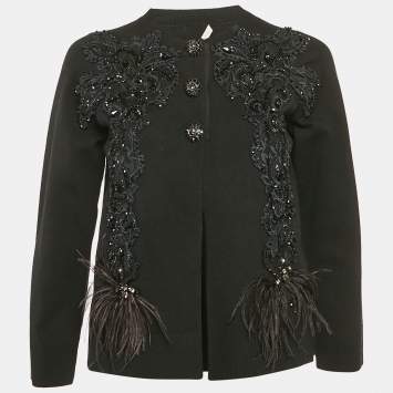 Pre Owned Marc Jacob Black Embellished Ostrich Feather Trim Cashmere Cardigan M