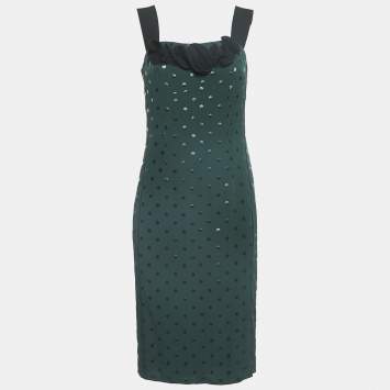 Pre Owned Marc Jacobs Green/Black Dot Print Crepe Ruffled Sleeveless Dress S