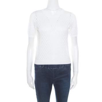 Pre Owned Marc Jacobs White Perforated Fish Scale Pattern Knit Crop Top S