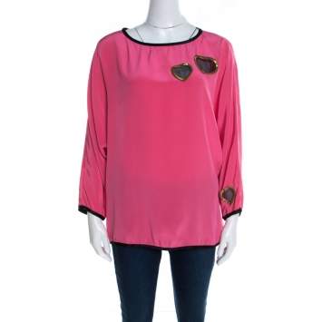 Pre Owned Marc Jacobs Pink Silk Contrast Heart Applique Dolman Sleeve Blouse L 