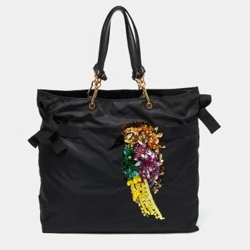 Pre Owned Marc Jacobs Black Nylon and Leather Tropical Chappy Bird Shopper Tote