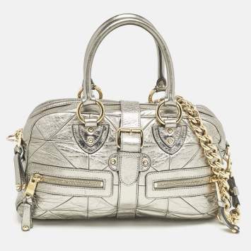 Marc Jacobs Grey Metallic Leather Double Zip Pocket Satchel