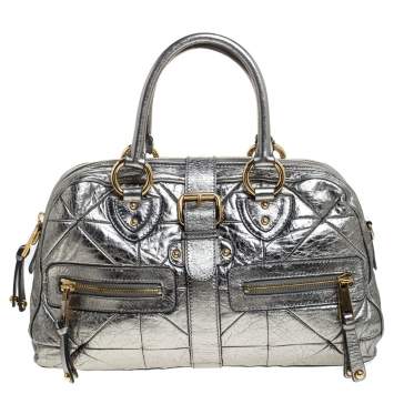 Pre Owned Marc Jacobs Grey Metallic Leather Double Zip Pocket Satchel