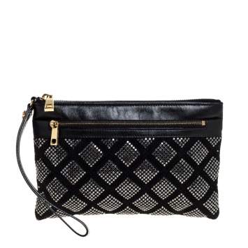 Pre Owned Marc Jacobs Black Crystal Embellished Quilted Suede and Leather Pouch