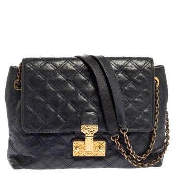 مملوكة مسبقًا Marc Jacobs Navy Blue Quilted Leather Pushlock Flap Shoulder Bag