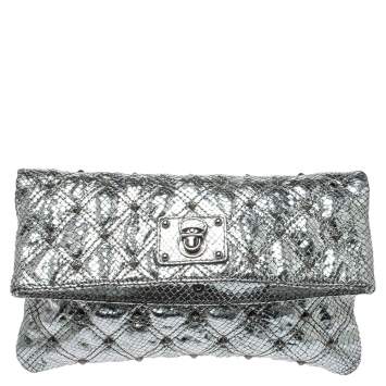 Pre Owned Marc Jacobs Silver Snake Effec Leather Foldover Clutch