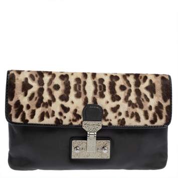 Pre Owned Marc Jacobs Grey/Brown Leopard Print Calfhair and Leather Safari Vip Clutch