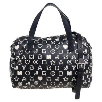 Pre Owned Marc Jacobs Black/White Dreamy Logo Coated Canvas and Leather Eazy Taryn Boston Bag