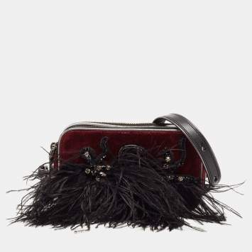 Pre Owned Marc Jacobs Black/Burgundy Velvet and Feather Snapshot Camera Crossbody Bag 
