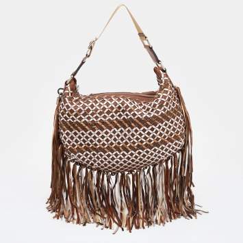 Pre Owned Marc Jacobs Brown/Metallic Woven Leather and Snakeskin Embossed Leather Fringe Hobo