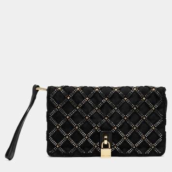 Pre Owned Marc Jacobs Black Suede and Satin Crystals Embellished Flap Clutch