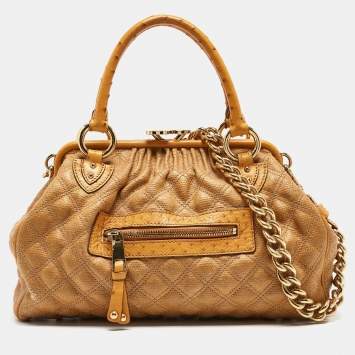 Pre Owned Marc Jacobs Yellow Quilted Coated Canvas and Ostrich Stam Satchel
