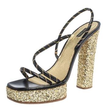 Pre Owned Marc Jacobs Black/Gold Leather And Glitter Fabric Slingback Platform Sandals Size 40