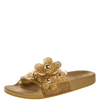 Pre Owned Marc Jacobs Gold Glitter Jelly Daisy Aqua Flower Flat Slides Size 39