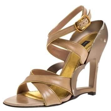 Pre Owned Marc Jacobs Beige Leather And Gold Piping Heart Wedge Ankle Strap Sandals Size 36.5