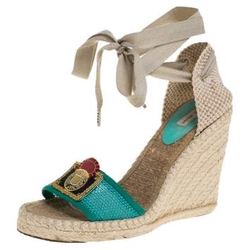Pre Owned Marc Jacobs Multicolor Mesh And Woven Canvas Wedge Espadrilles Ankle Wrap Sandals Size 37