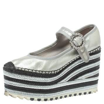 Pre Owned Marc Jacobs Metallic Silver Leather Crystal Embellished Suzi Mary Jane Platforms Espadrilles Size 36