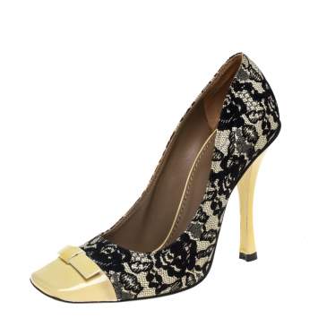 Pre Owned Marc Jacobs Yellow/Black Lace And Patent Leather Bow Detail Pumps Size 39