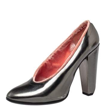 Pre Owned Marc Jacobs Grey Leather Block Heel Pumps Size 38.5