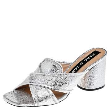 Pre Owned Marc Jacobs Metallic Silver Crackle Leather Criss Cross Slide Sandals Size 39