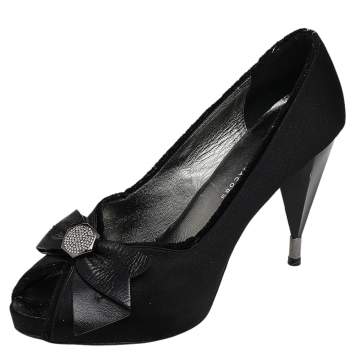 Pre Owned Marc By Marc Jacobs Black Satin Bow Peep Toe Pumps Size 39