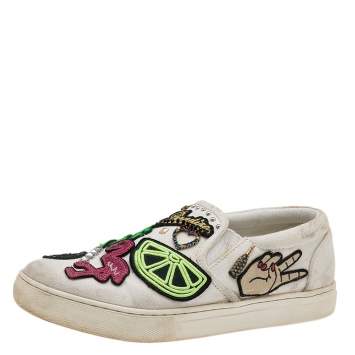 Pre Owned Marc Jacobs White Canvas Patches And Embellished Mercer Slip On Sneakers Size 38