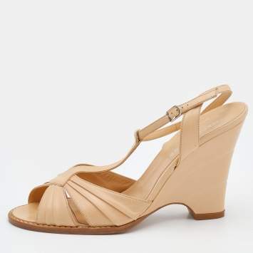 Marc Jacobs Beige Leather Ankle Strap Wedge Sandals Size 39.5