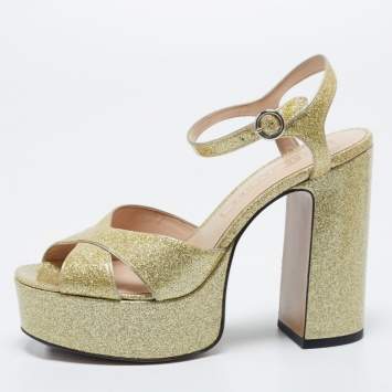 Pre Owned Marc Jacobs Metallic Gold Patent Leather Lust Platform Block Heel Ankle Strap Sandals Size 37