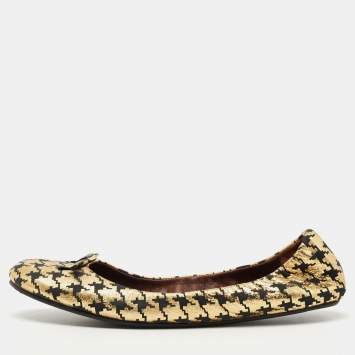 Pre Owned Marc Jacobs Gold/Black Leather Houndstooth Bow Ballet Flats Size 37