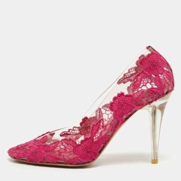 Pre Owned Marc Jacobs Pink Lace Embroidered PVC Round Toe Pumps Size 38.5
