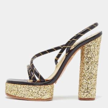 Marc Jacobs Black/Gold Leather Glitter Platform Slingback Sandals Size 36